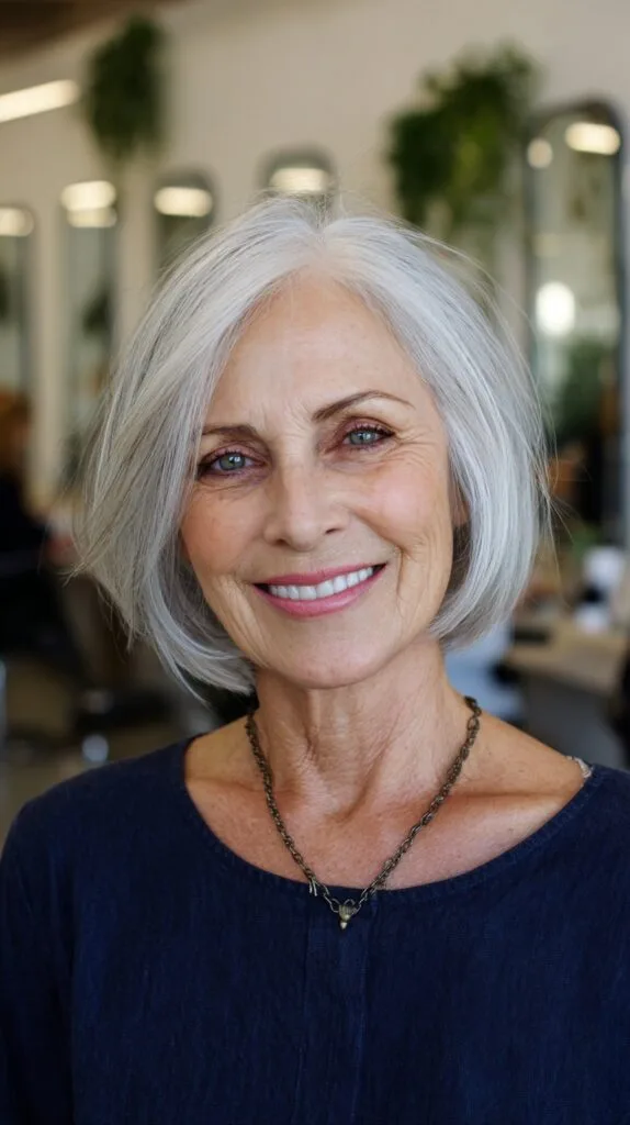 Soft Silver Graduated Chin-Length Bob with Deep Side Part