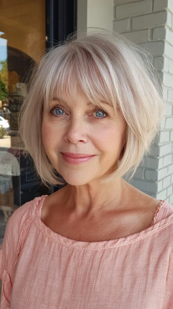 Soft Silver Layered Bob with Light Bangs