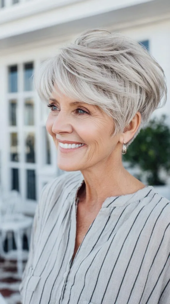 Soft Silver Layered Pixie with Elevated Crown and Slanted Fringe