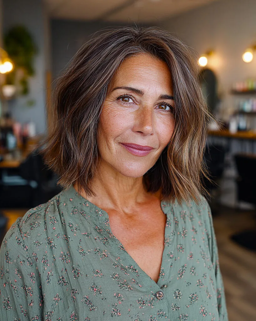 Soft tapered long bob for women over 50 with natural layers and sun-kissed highlights