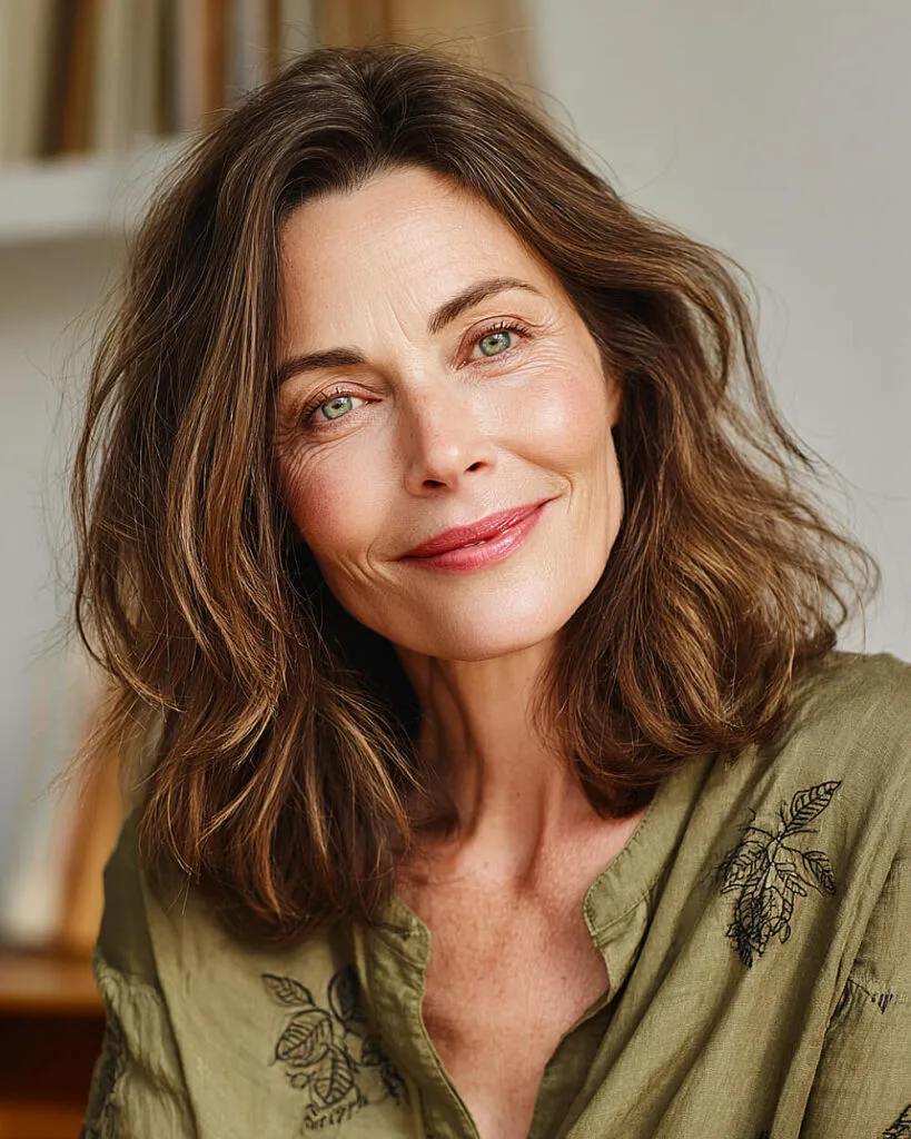 Soft undone long bob for women over 50 with voluminous crown and loose waves