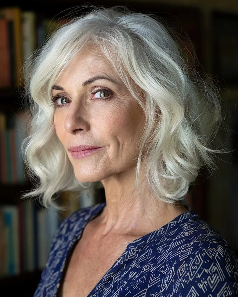 Soft wavy silver bob for thick hair and oval face shapes over 50
