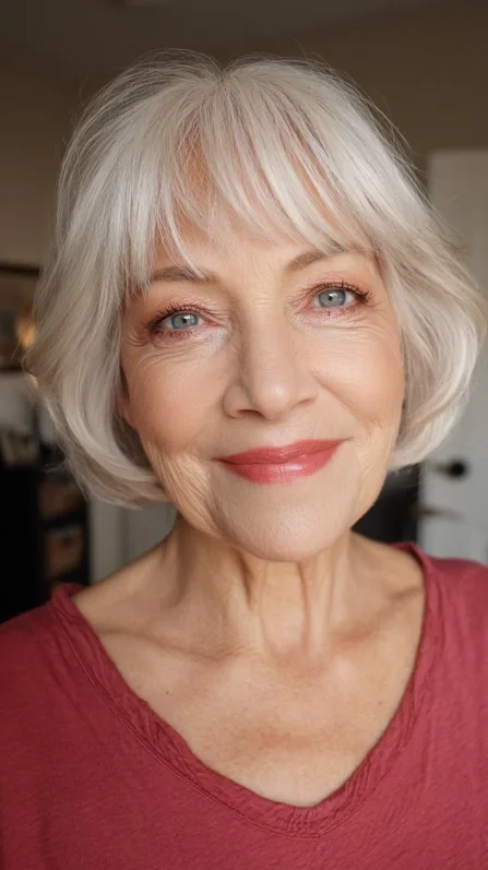 Soft White Mushroom Bob with Feathered Bangs