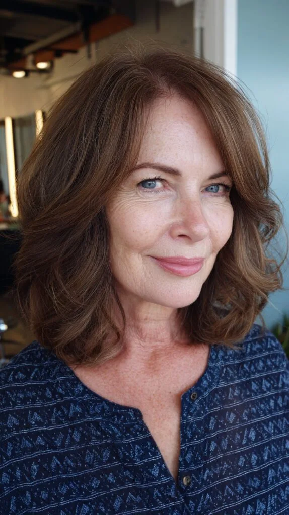 Softly Curled Shoulder-Length Lob with Subtle Root Depth and Face-Framing Layers