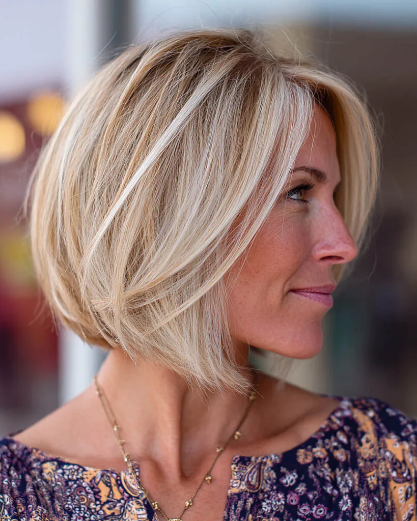 Softly graduated long bob for women over 50 with dimensional blonde and stacked back