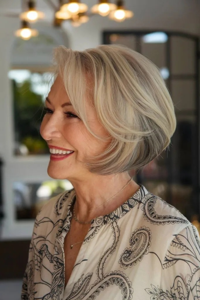 Softly layered angled bob with wispy ends, ideal for senior women wanting a lightweight and effortless bob haircut