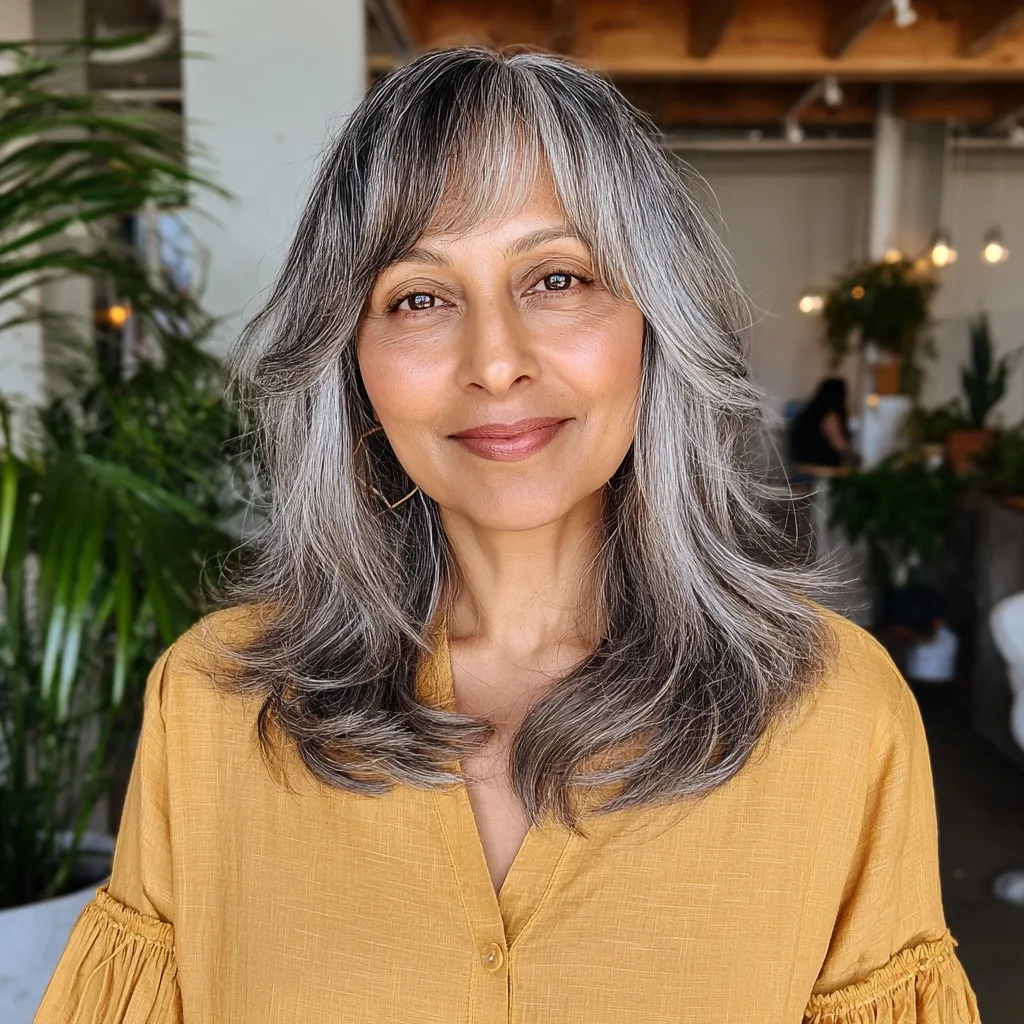 Softly Layered Salt and Pepper Cut with Face-Framing Bangs