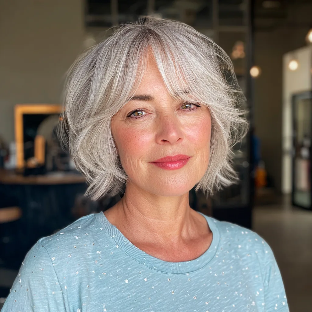 Softly Layered Silver Bob with Face-Framing Wisps