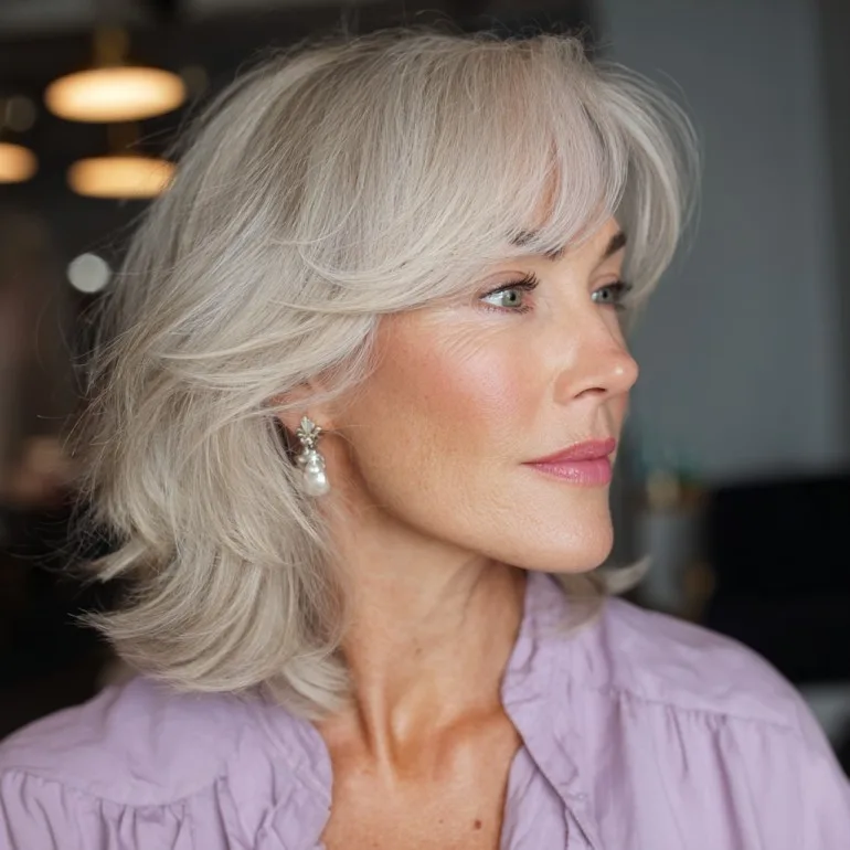 Softly Layered Silver Shoulder-Length Cut with Face-Framing Bangs