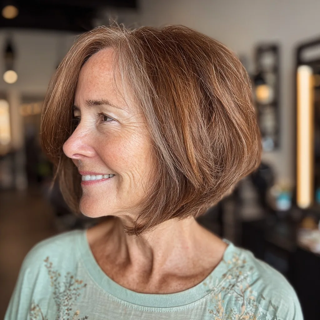 Softly Layered Warm Brown Inverted Bob