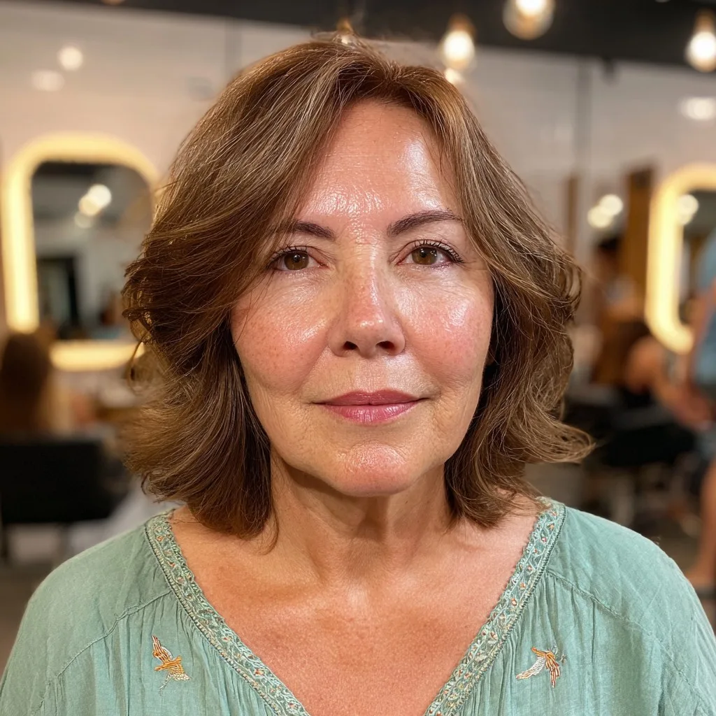 Softly Layered Warm Chestnut Cut with Gentle Waves