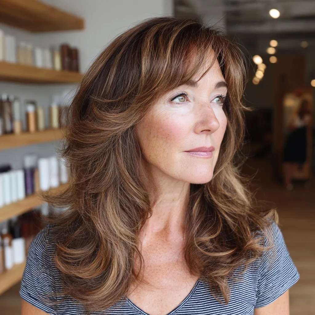 Softly Layered Warm Chestnut Cut with Subtle Highlights