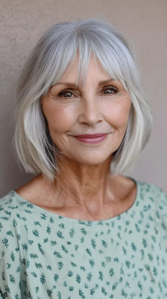 Softly Tapered Lob with Gentle Curtain Bangs