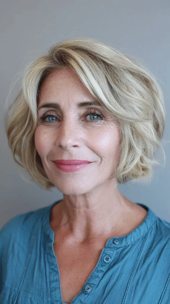 Softly Textured Short Blonde Bob with Gentle Waves