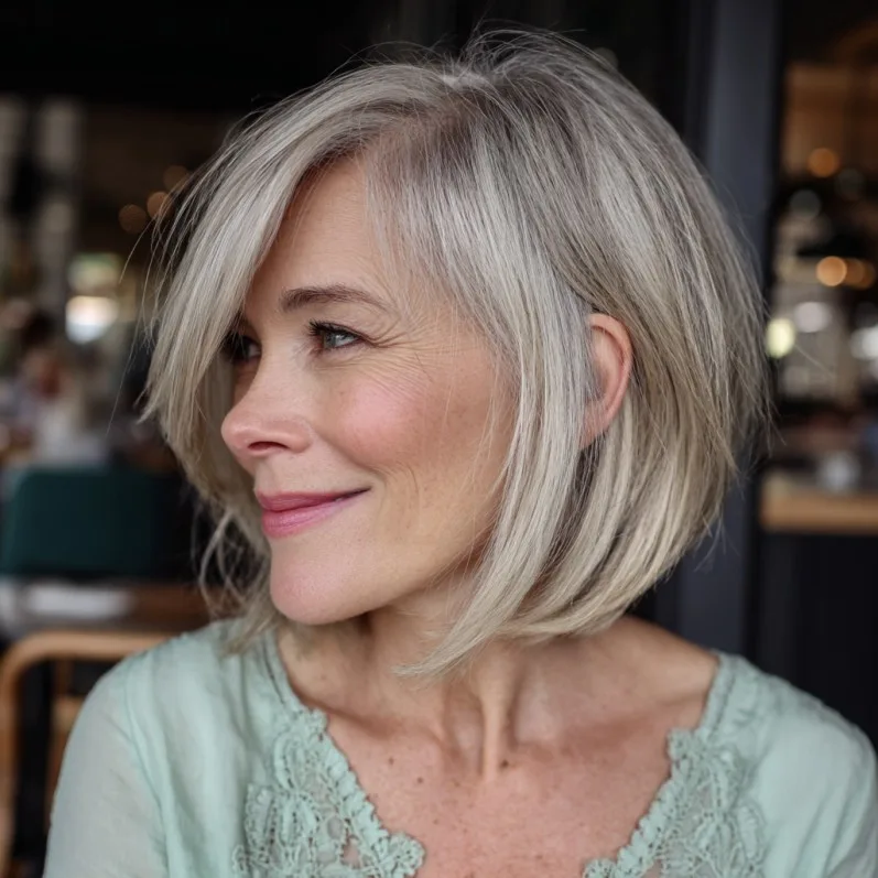 Softly Textured Silver Lob with Side-Swept Bangs