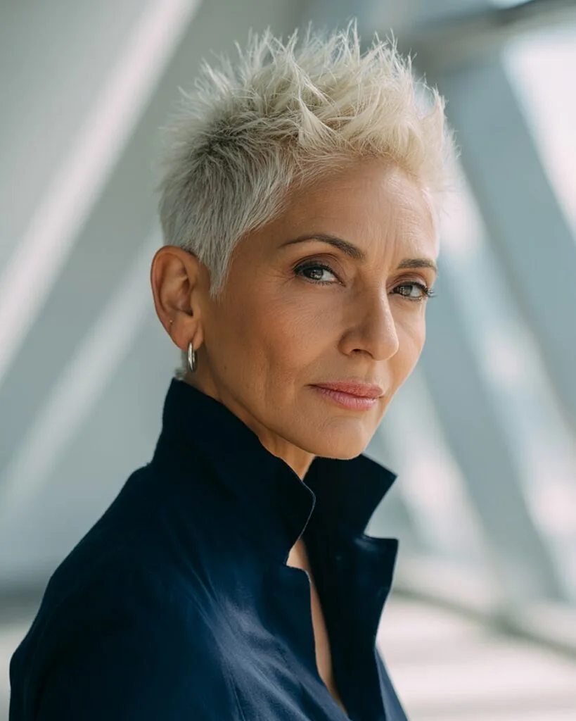 Spiky pixie haircut for women over 50 with oval face shape