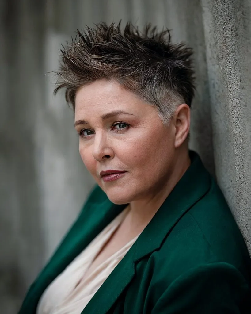 Spiky pixie hairstyle with height for round face women over 50