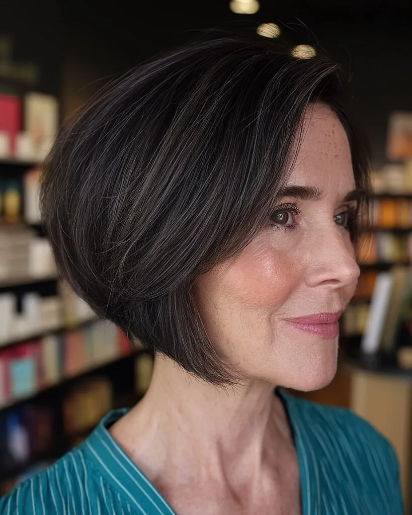 Stacked angled bob for puffy thick hair with rounded back over 50