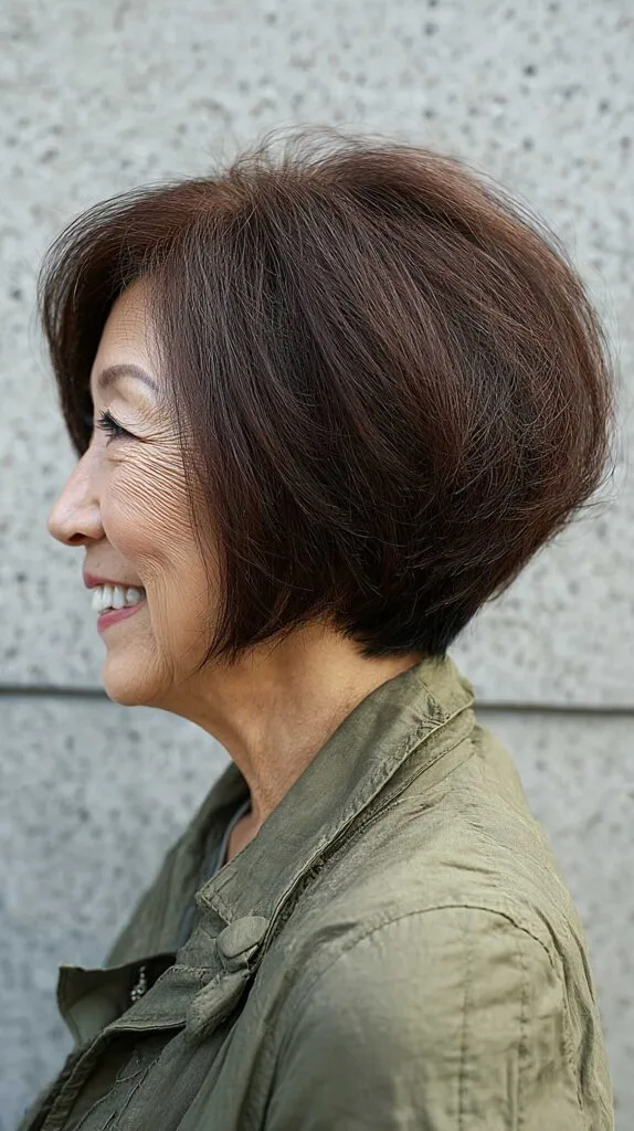 Stacked brunette bob with full rounded crown