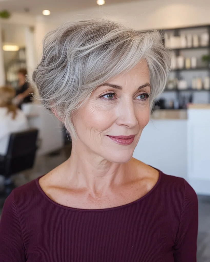 Stacked pixie bob with salt and pepper tones for older women with thick wavy hair