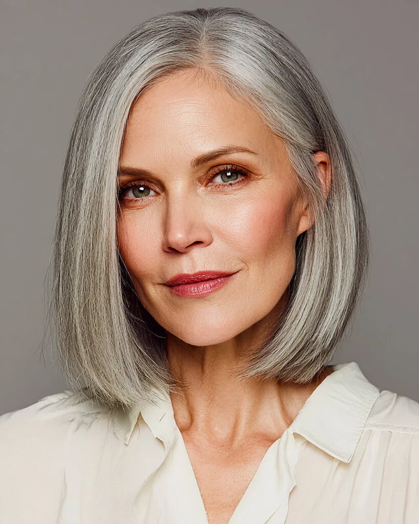 Straight silver long bob for women over 50 with center part and cool metallic shine