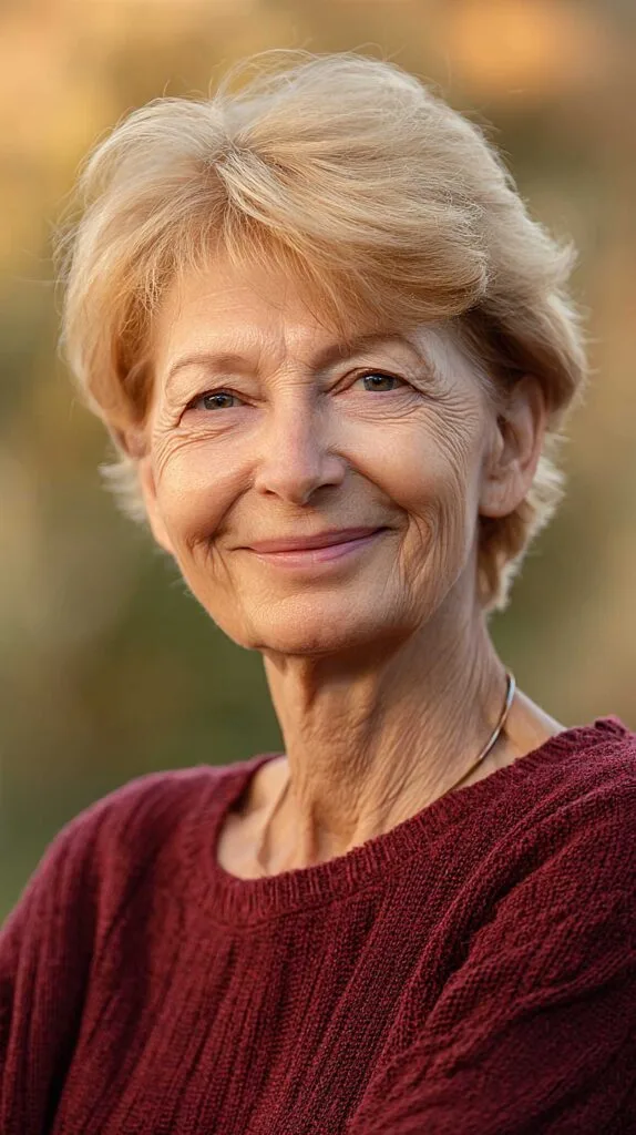 Strawberry blonde feathered long pixie on older woman