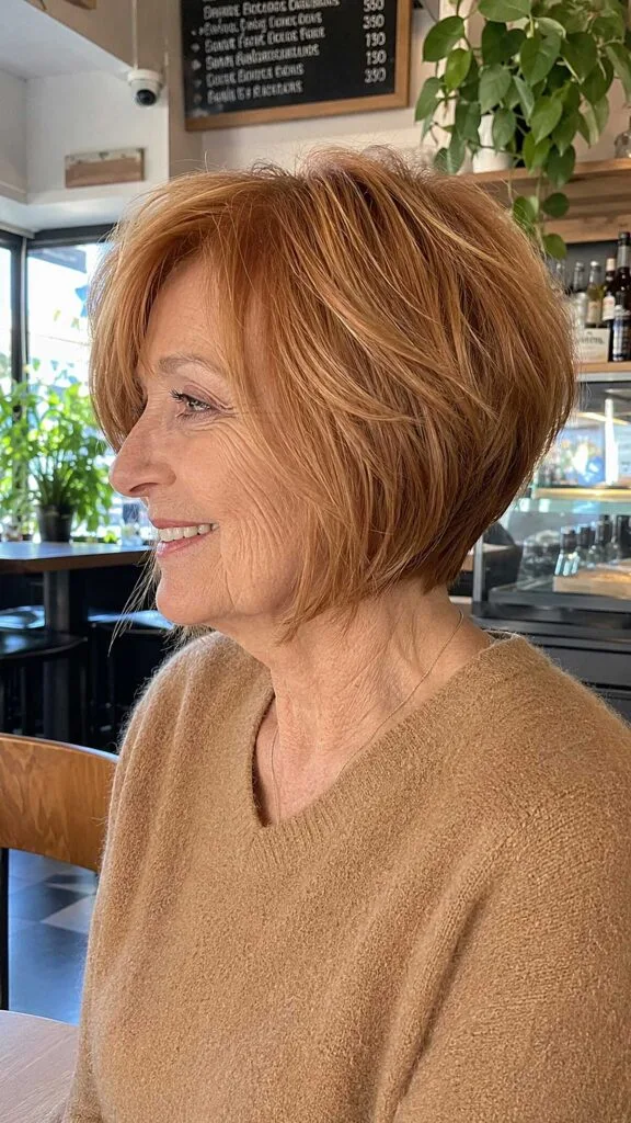 Strawberry copper voluminous angled bob with layers