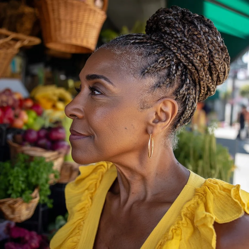 Stylish High Bun with Intricate Braids for Mature Women