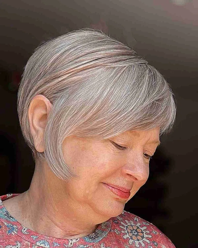 Stylish Inverted Pixie Bob with Side-Swept Bangs for a Lady in Her 50s