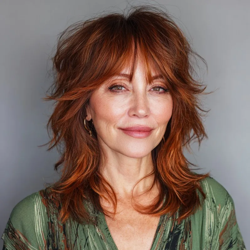Stylish Layered Copper Shag with Soft Bangs