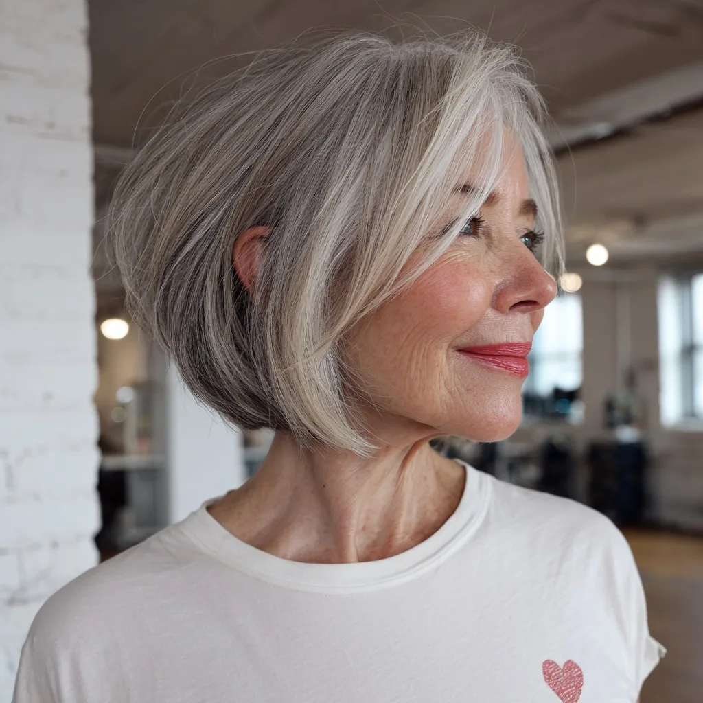 Stylish Silver Inverted Bob with Soft Textured Layers