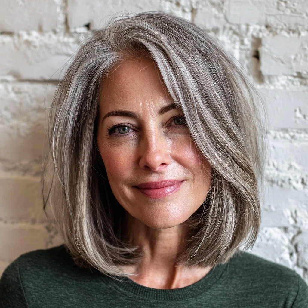 Stylish Softly Layered Grey Lob with Natural Movement