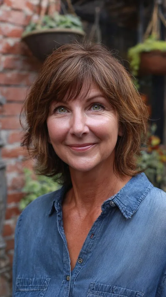 Subtle Chestnut Layered Bob with Fringe Accent