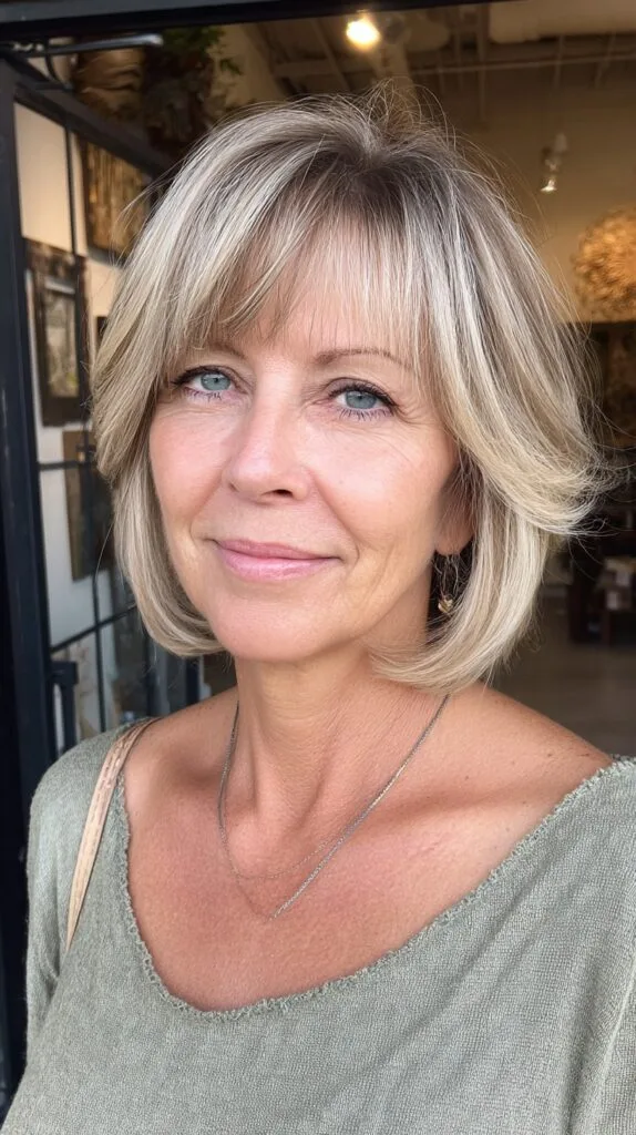 Sun-Kissed Beige Balayage Bob with Feathered Bangs