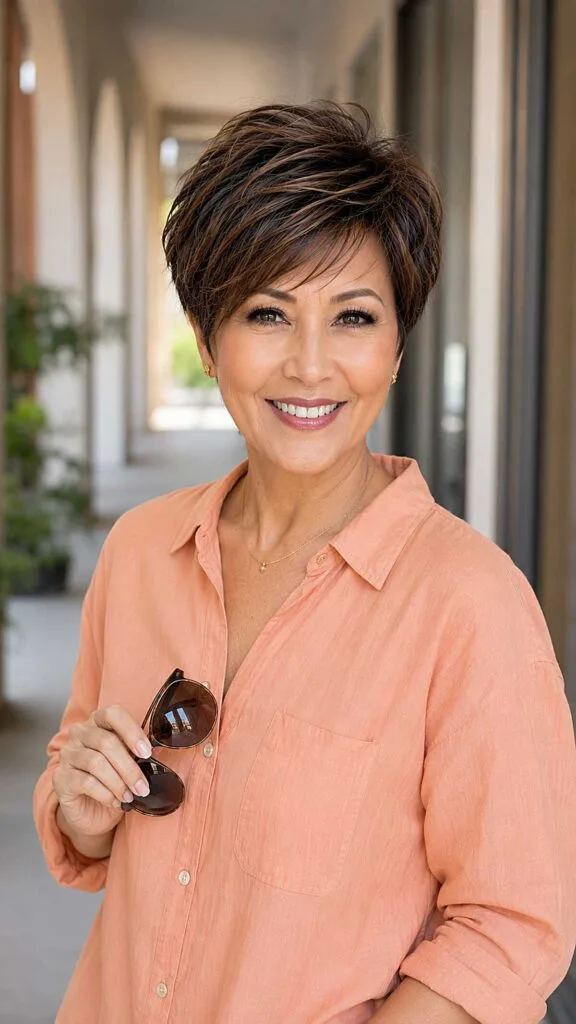 Swept Brunette Pixie with Caramel Ribbon Highlights