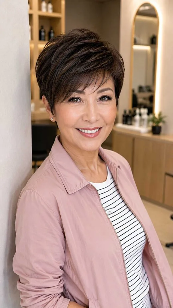Swept Dark Brunette Pixie with Tapered Sides