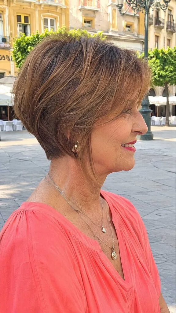Tapered brunette bob with golden highlights outdoors