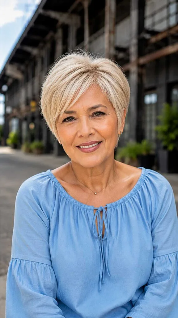 Tapered creamy blonde pixie with side-swept fringe