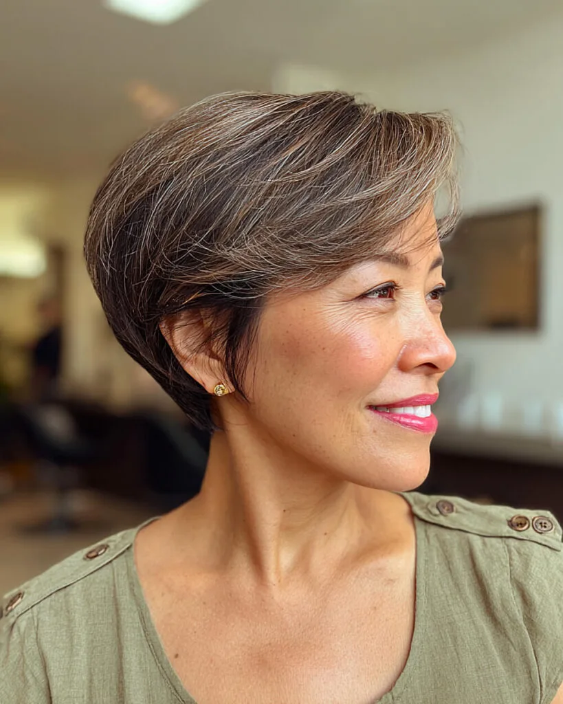 Tapered pixie bob hairstyle with side volume for square-faced women over 50