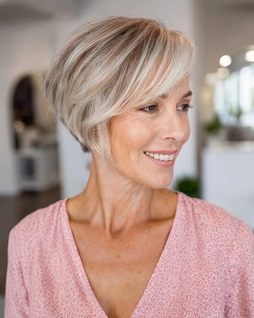 Tapered pixie bob with side-swept bangs on fine straight hair for older women