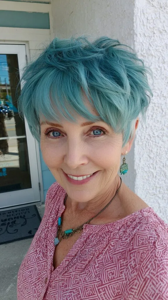 Teal Textured Short Shag with Piecey Side-Swept Fringe