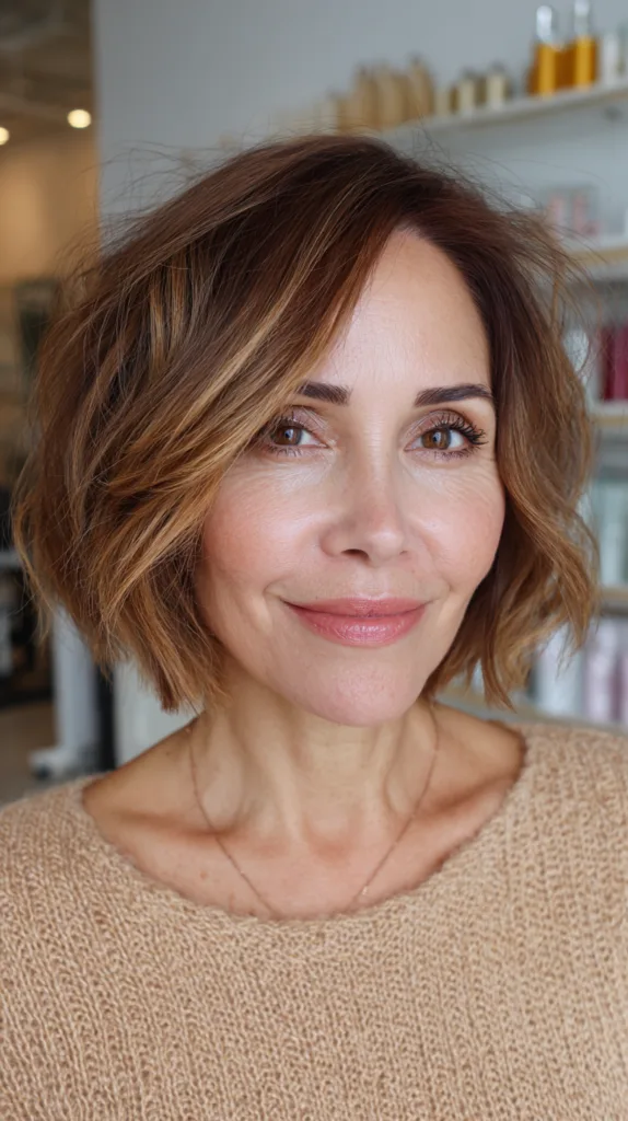 Textured A-Line Bob with Subtle Caramel Highlights