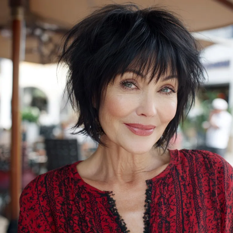 Textured Black Layered Shag with Wispy Bangs