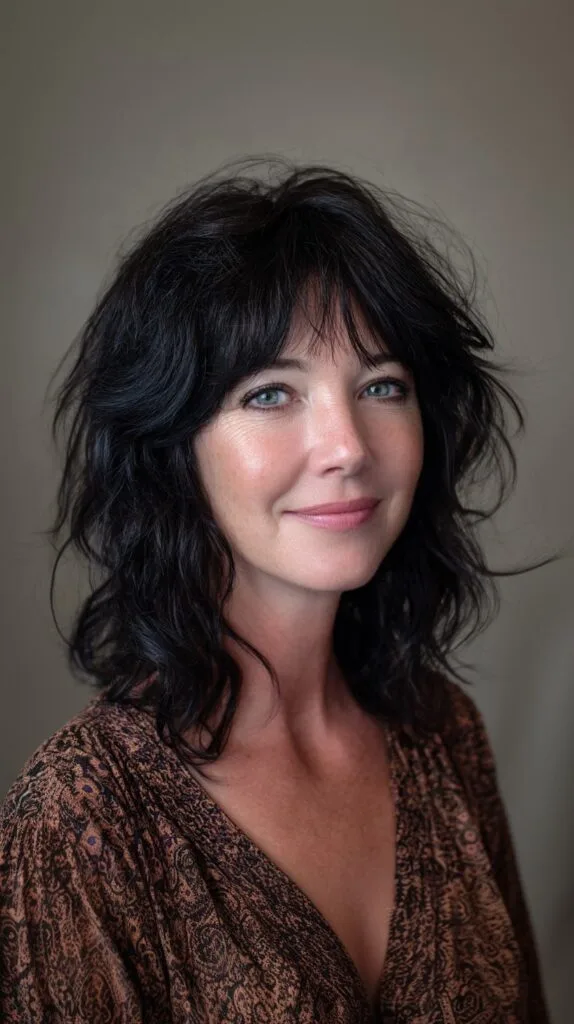 Textured Black Medium Shag with Wispy Curtain Fringe