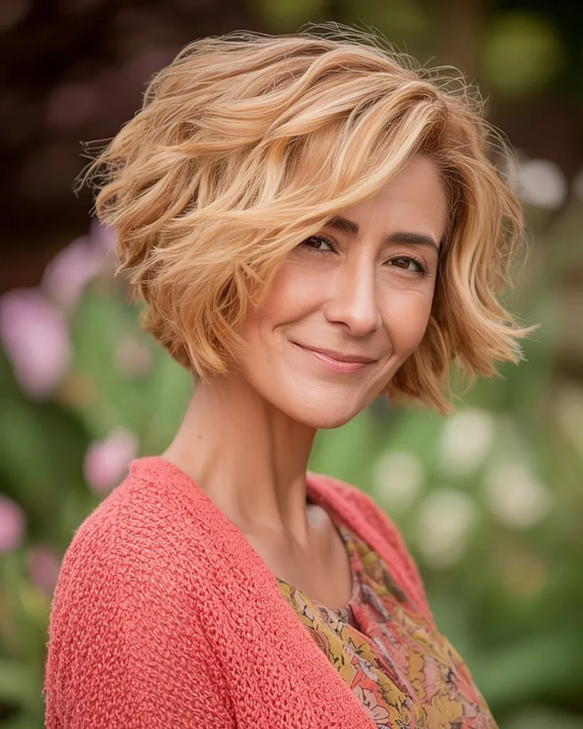 Textured blonde bob with tousled layers for women over 50 wanting volume and movement