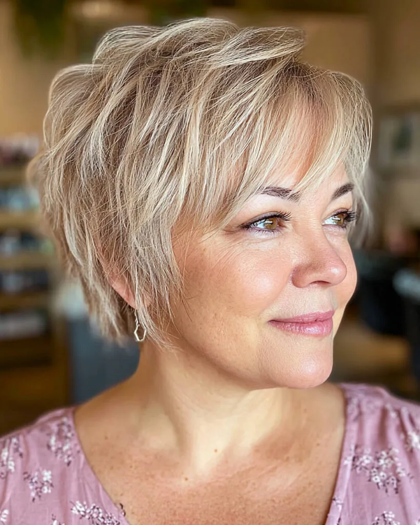 Textured blonde pixie bob haircut for women over 50 with a round face