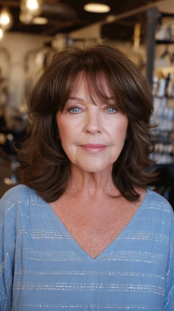 Textured Brown Lob with Soft Curtain Bangs