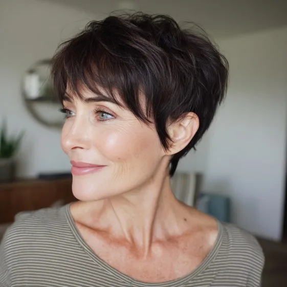 Textured Brunette Pixie with Soft Bangs