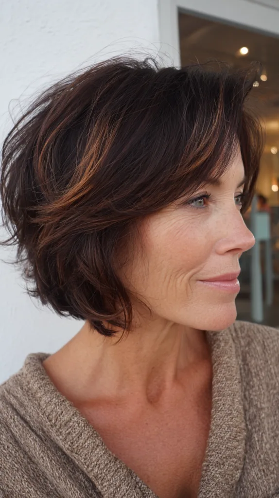 Textured Chestnut Shaggy Bob with Subtle Highlights