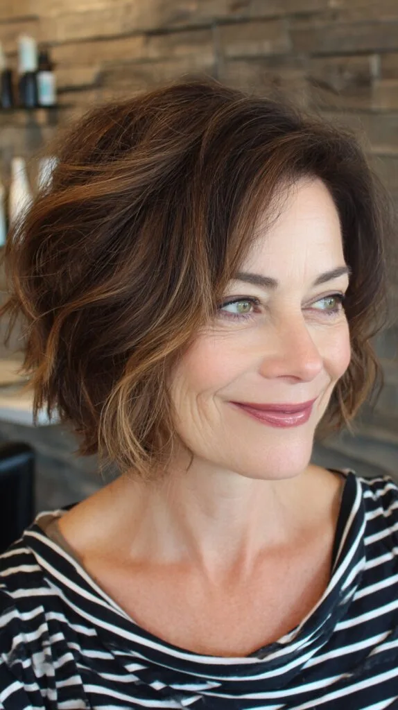 Textured Choppy Bob with Warm Caramel Highlights